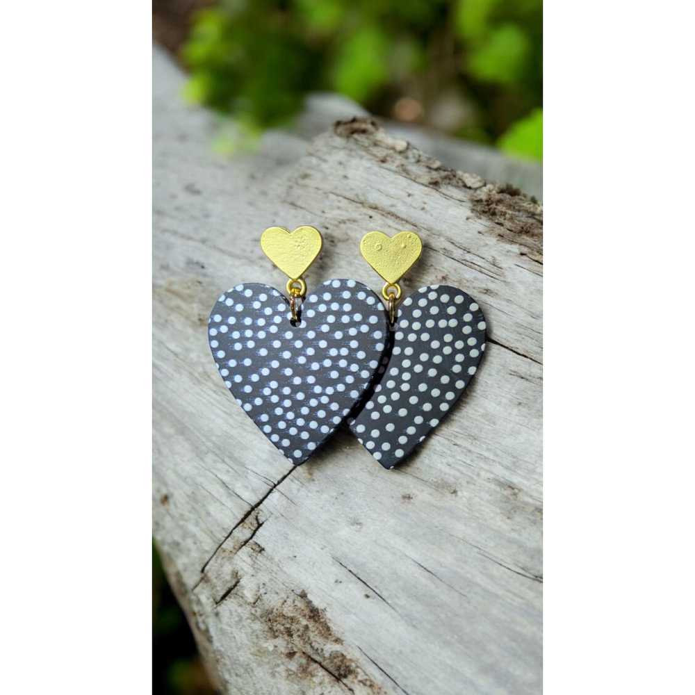 Black and White Polka Dot Gold Tone Heart Dangle Stud Earrings Stainless Steel
